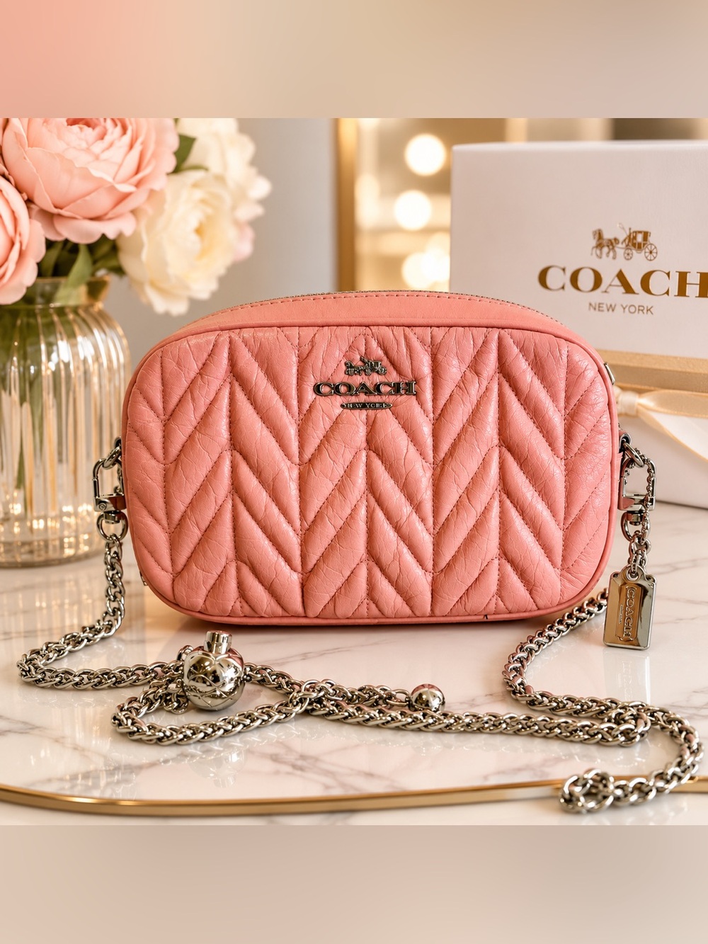 Coach Quilted Leather Belt| Crossbody Rose Bag|Fashion Chain Strap & Hang Tag